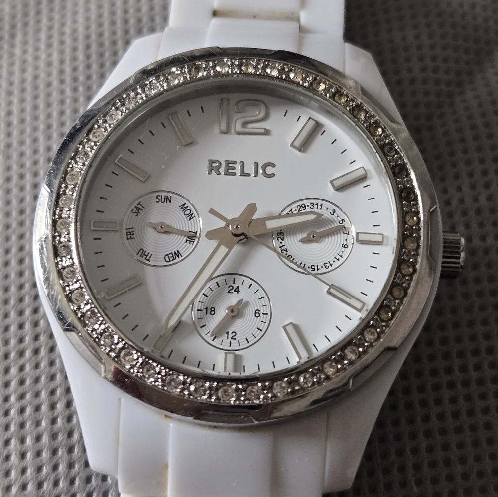 Relic White and Silver Watch with Crystal Accents